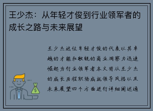 王少杰：从年轻才俊到行业领军者的成长之路与未来展望